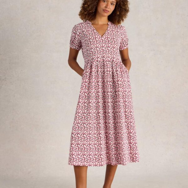 White Stuff Women's Jersey Printed Midi Waisted Dress - 12REG - Red Mix, Red Mix