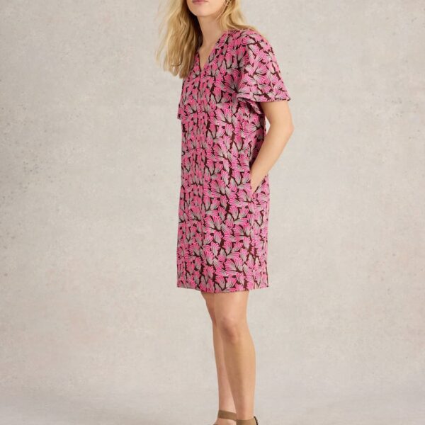White Stuff Women's Linen Blend Printed V-Neck Shift Dress - 12REG - Pink Mix, Pink Mix