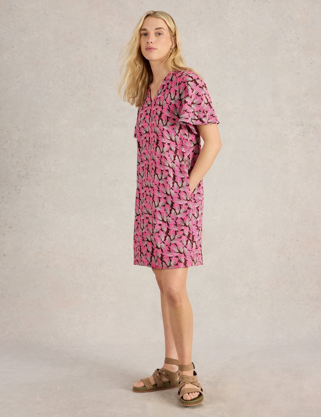 White Stuff Women's Linen Blend Printed V-Neck Shift Dress - 12REG - Pink Mix, Pink Mix