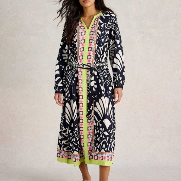 White Stuff Women's Printed V-Neck Midi Kaftan Dress - 12REG - Navy Mix, Navy Mix