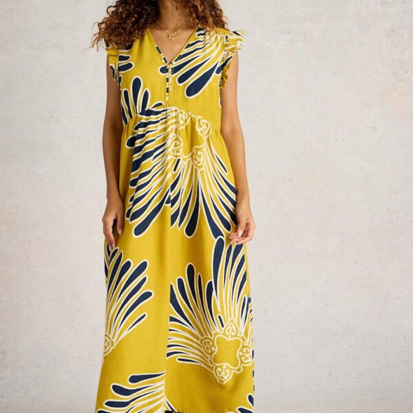 White Stuff Women's Linen Rich Printed V-Neck Maxi Tea Dress - 14REG - Yellow Mix, Yellow Mix