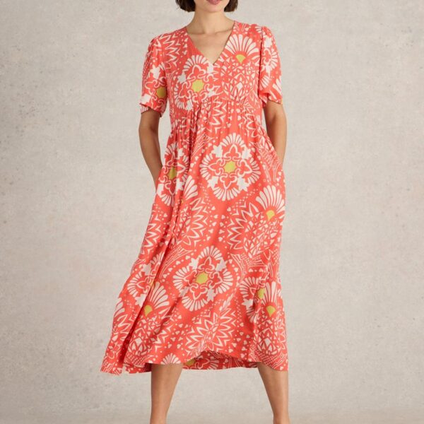 White Stuff Women's Printed V-Neck Empire Line Midi Tea Dress - 12REG - Red Mix, Red Mix