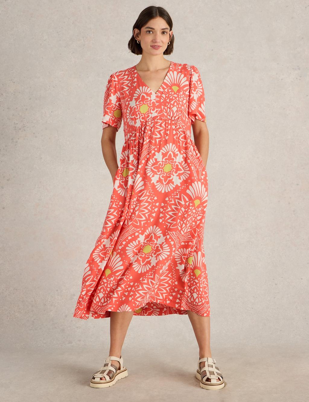White Stuff Women's Printed V-Neck Empire Line Midi Tea Dress - 12REG - Red Mix, Red Mix
