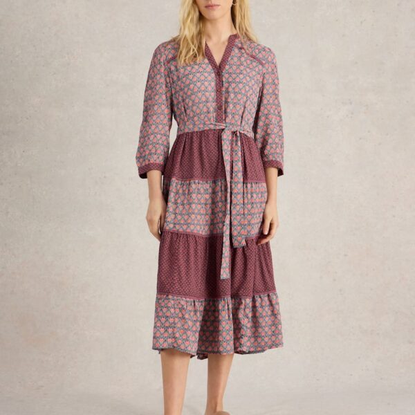 White Stuff Women's Mabel Printed Notch Neck Midi Tiered Dress - 12REG - Navy Mix, Navy Mix
