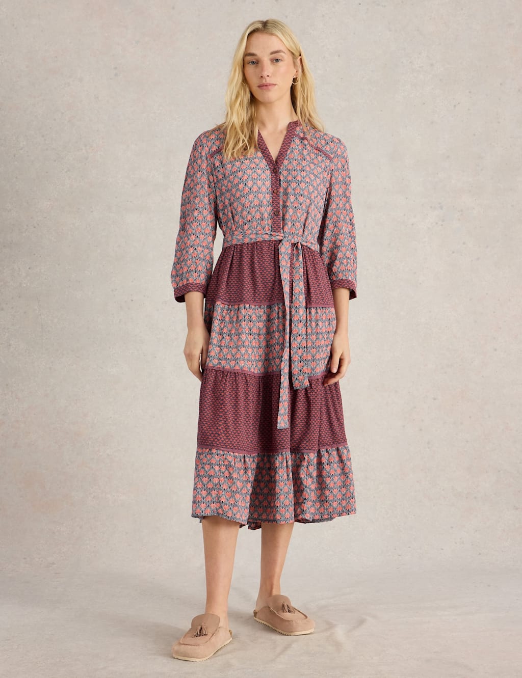 White Stuff Women's Mabel Printed Notch Neck Midi Tiered Dress - 12REG - Navy Mix, Navy Mix