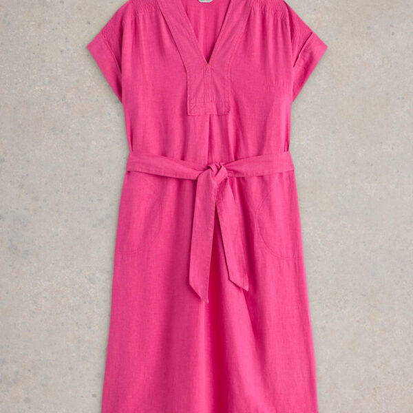 White Stuff Women's Linen Blend V-Neck Midi Tea Dress - 12REG - Pink, Pink