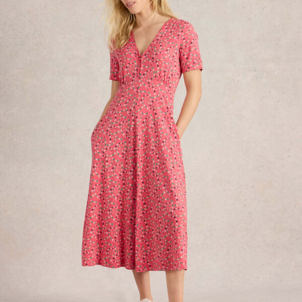 White Stuff Women's Cotton Blend Jersey V-Neck Midi Tea Dress - 14REG - Red Mix, Red Mix,Black Mix