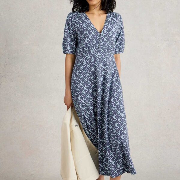 White Stuff Women's Jersey Printed Midi Waisted Dress - 12REG - Navy Mix, Green Mix,Navy Mix