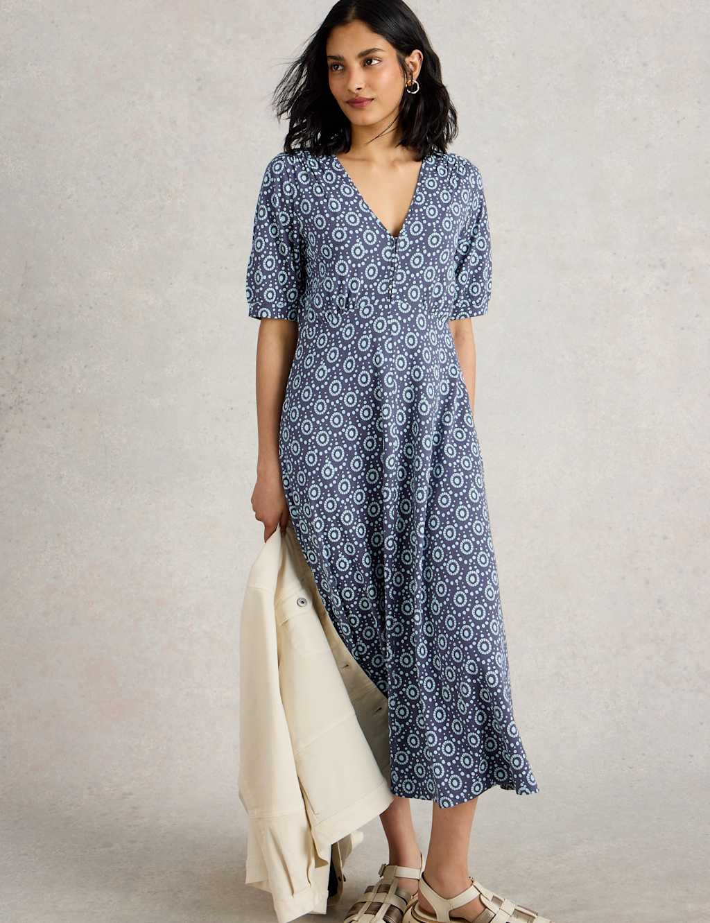 White Stuff Women's Jersey Printed Midi Waisted Dress - 12REG - Navy Mix, Green Mix,Navy Mix