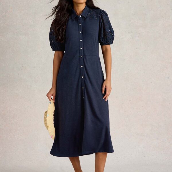 White Stuff Women's Cotton Rich Broderie Midi Shirt Dress - 14REG - Navy, Navy