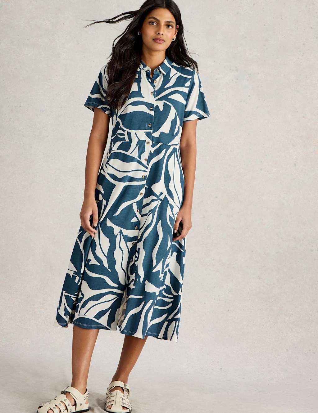 White Stuff Women's Jersey Printed Midi Shirt Dress - 12REG - Navy Mix, Navy Mix