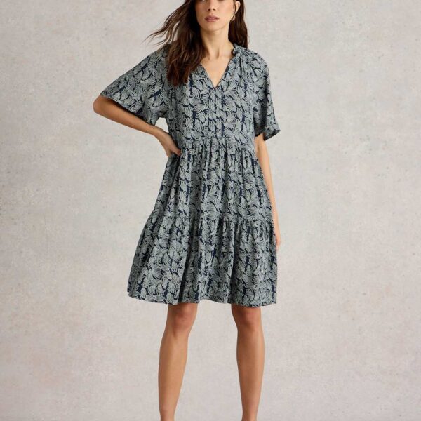 White Stuff Women's Printed Knee Length Tiered Dress - 18REG - Navy Mix, Navy Mix