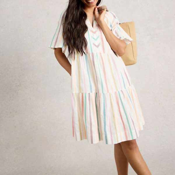 White Stuff Women's Pure Cotton Striped Tiered Dress - 12REG - Natural Mix, Natural Mix