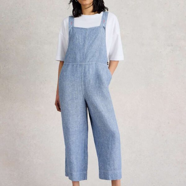 White Stuff Women's Pure Linen Cropped Relaxed Dungarees - 14 - Blue, Blue