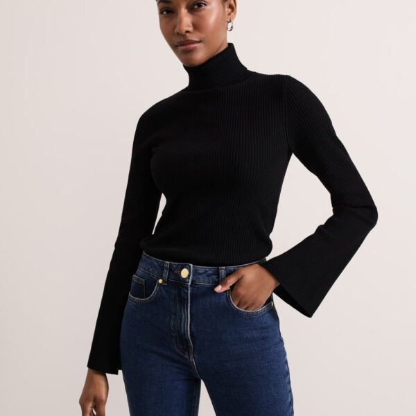 Phase Eight Women's Ribbed Roll Neck Fluted Sleeve Jumper - Black, Black