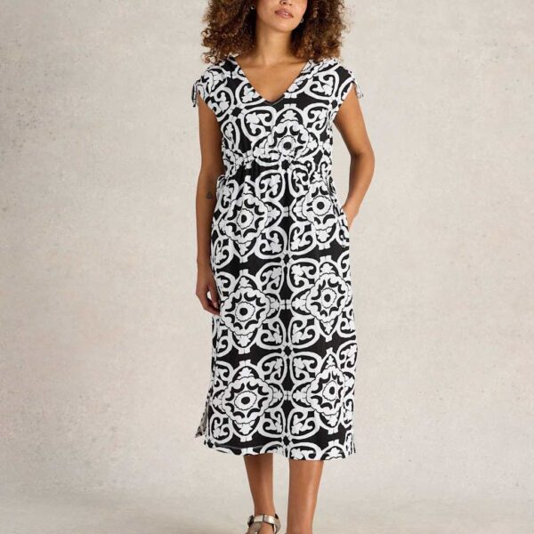 White Stuff Women's Pure Cotton Printed Midi Beach Dress - Black Mix, Black Mix