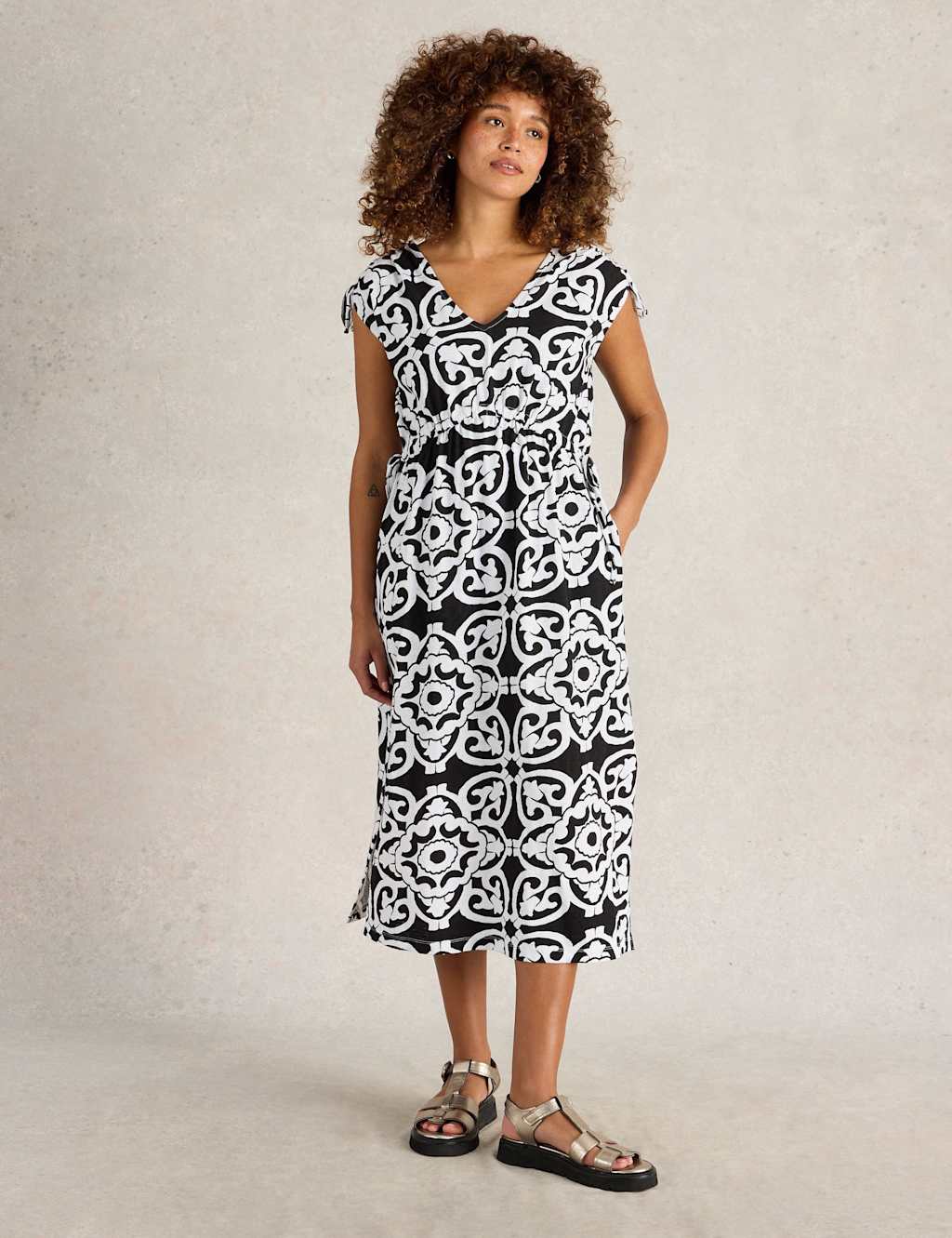 White Stuff Women's Pure Cotton Printed Midi Beach Dress - Black Mix, Black Mix