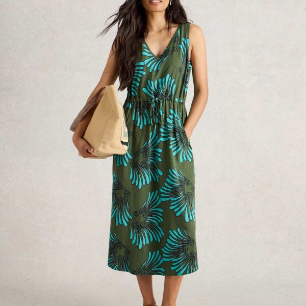 White Stuff Women's Pure Cotton Printed V Neck Midi Beach Dress - Green Mix, Green Mix