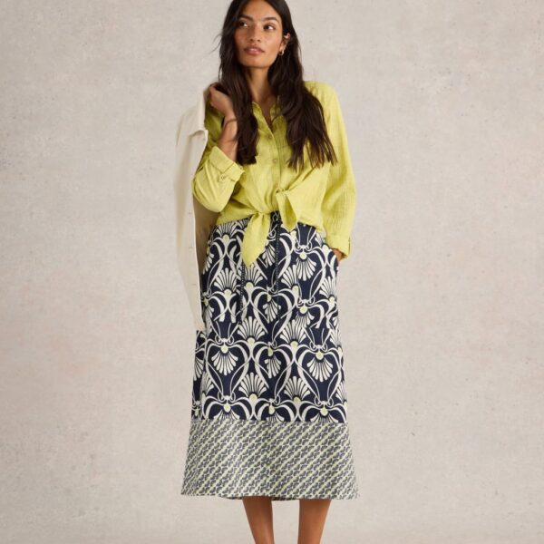 White Stuff Women's Linen Blend Printed Midi A-Line Skirt - 12REG - Navy Mix, Navy Mix