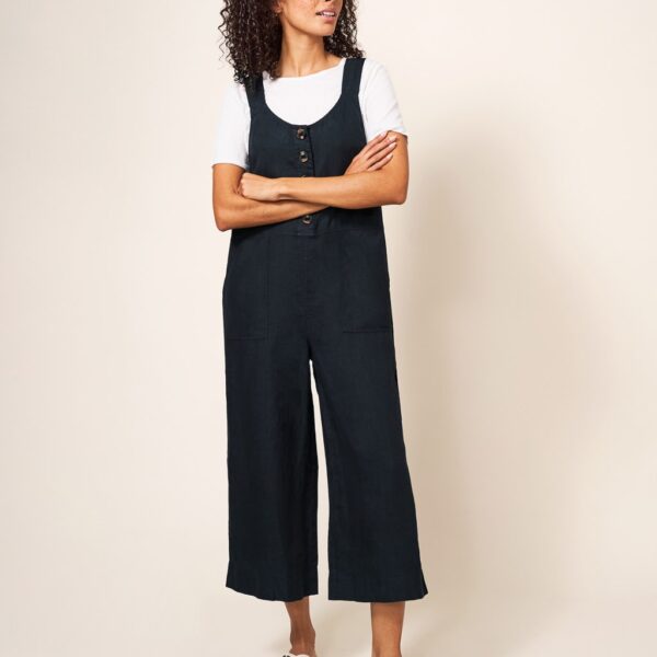 White Stuff Women's Pure Linen Cropped Wide Leg Dungarees - 10 - Black, Black