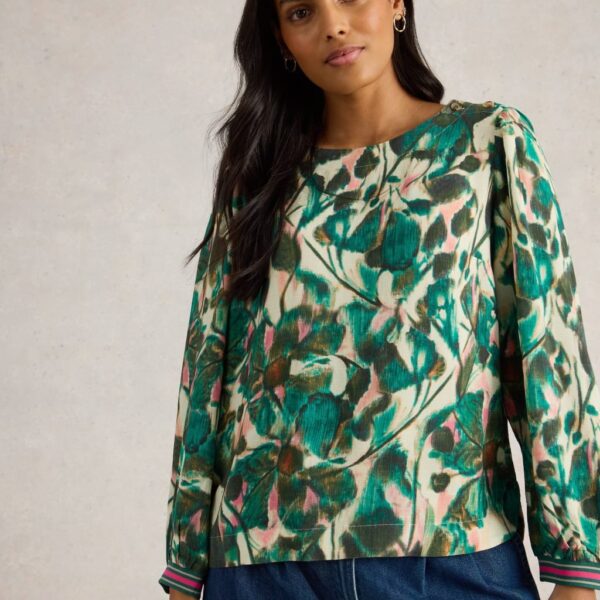 White Stuff Women's Botanical Print Round Neck Blouse - 12 - Green Mix, Green Mix