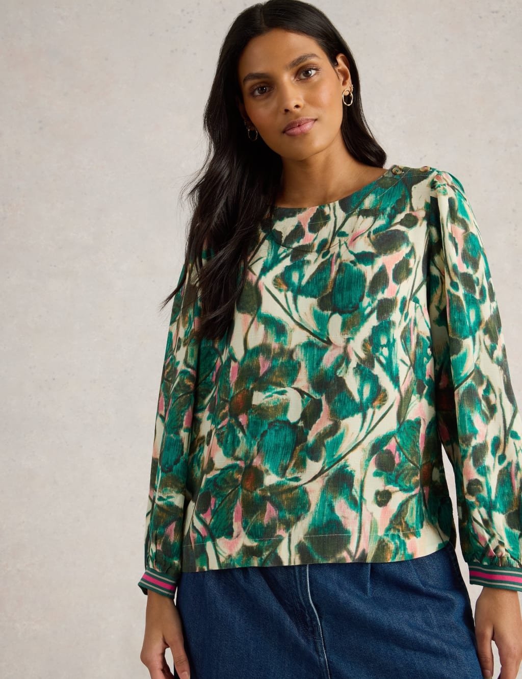 White Stuff Women's Botanical Print Round Neck Blouse - 12 - Green Mix, Green Mix