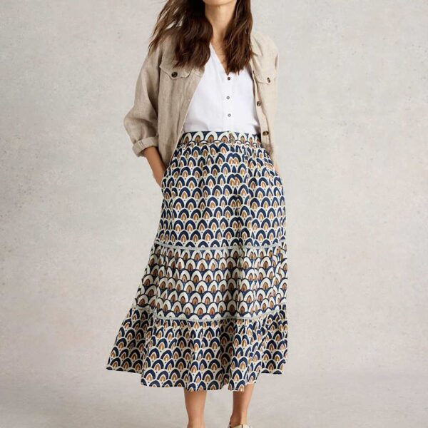 White Stuff Women's Pure Cotton Printed Midi Tiered Skirt - 14REG - Navy Mix, Navy Mix