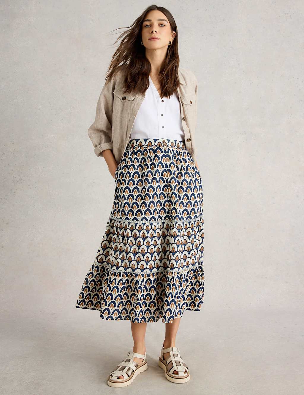 White Stuff Women's Pure Cotton Printed Midi Tiered Skirt - 14REG - Navy Mix, Navy Mix
