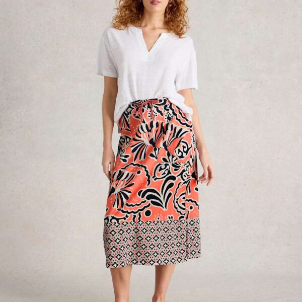 White Stuff Women's Linen Rich Printed Midi A-Line Skirt - 12REG - Red Mix, Red Mix