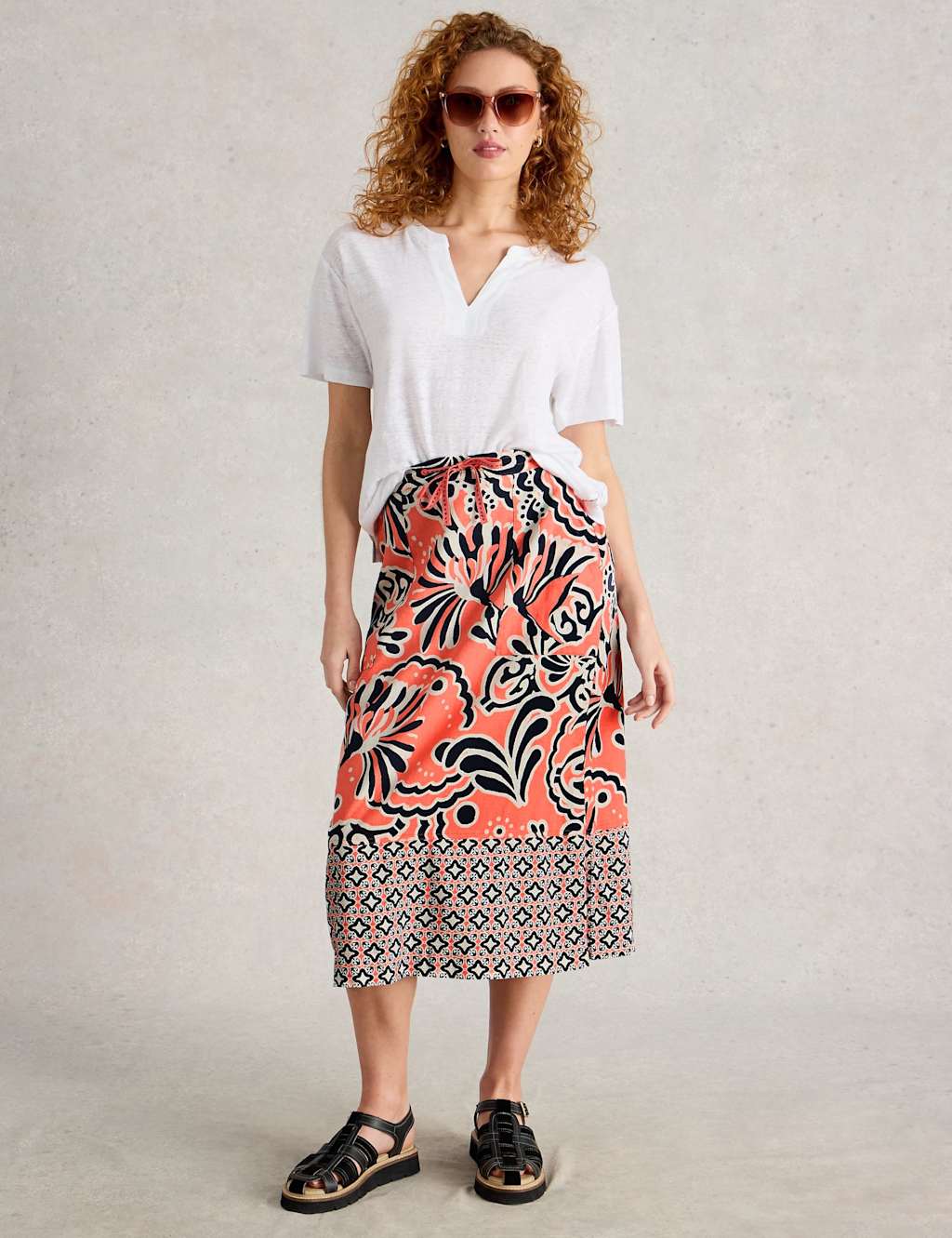 White Stuff Women's Linen Rich Printed Midi A-Line Skirt - 12REG - Red Mix, Red Mix