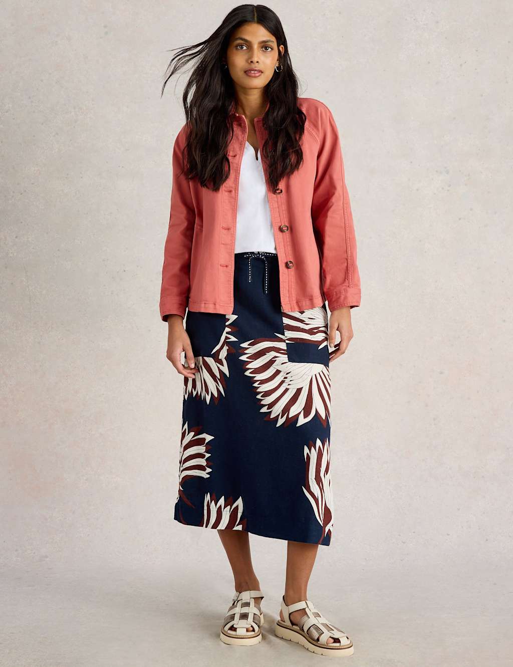 White Stuff Women's Linen Rich Printed Midi A-Line Skirt - 14REG - Navy Mix, Navy Mix