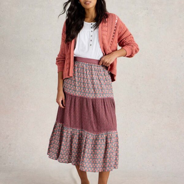 White Stuff Women's Printed Midi Tiered Skirt - 12REG - Navy Mix, Navy Mix