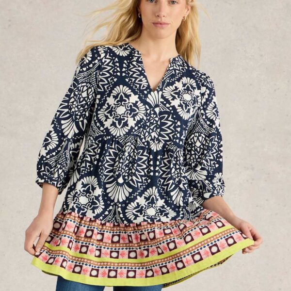 White Stuff Women's Pure Cotton Geometric Notch Neck Puff Sleeve Tunic - 14 - Navy Mix, Navy Mix