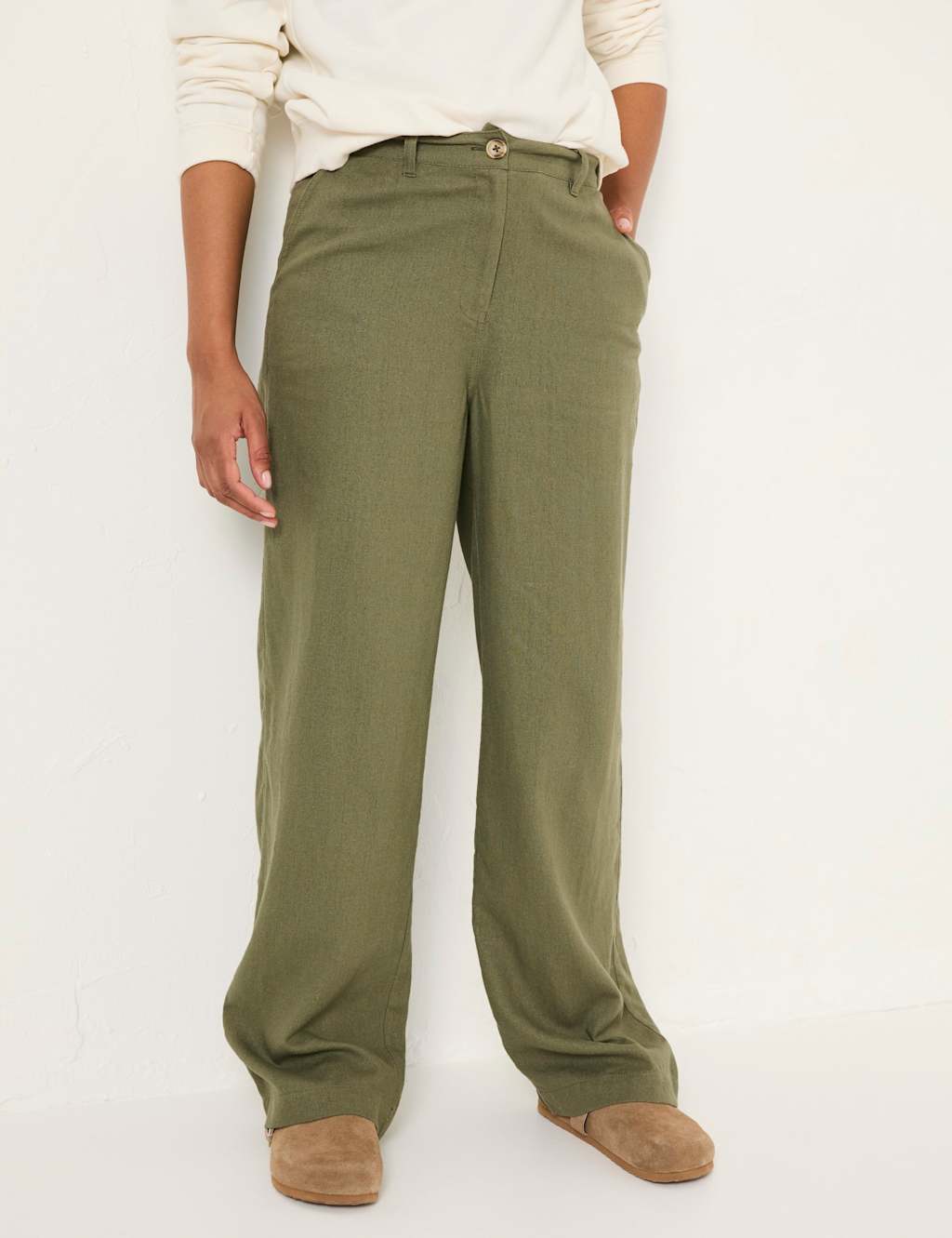 Fatface Women's Linen Rich Wide Leg Trousers - 18REG - Khaki, Khaki