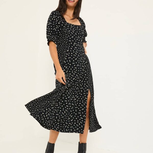 Fatface Women's Polka Dot Square Neck Midi Skater Dress - 14REG - Black Mix, Black Mix