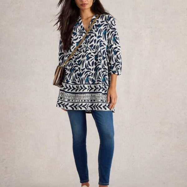 White Stuff Women's Pure Cotton Printed V-Neck Tunic - 14 - Blue Mix, Blue Mix,Navy Mix