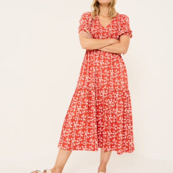 Fatface Women's Cotton Rich Floral V-Neck Midi Waisted Dress - 12REG - Orange Mix, Orange Mix