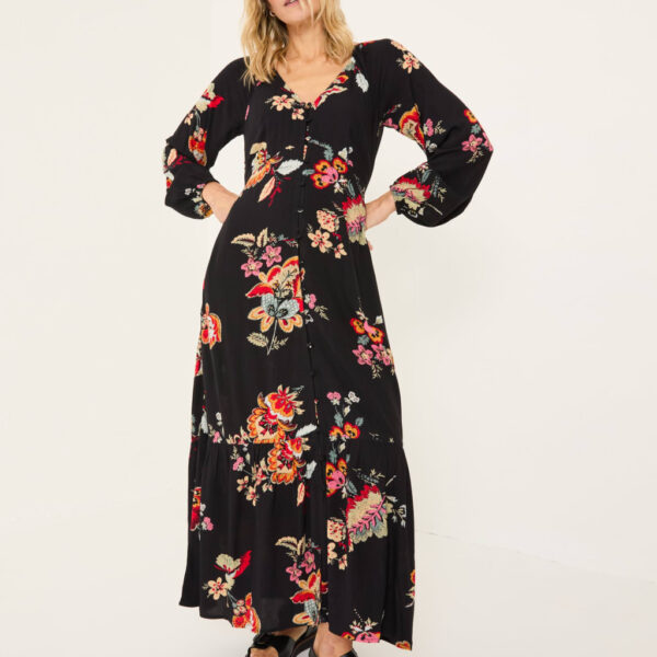 Fatface Women's Floral V-Neck Midaxi Waisted Dress - 10REG - Black Mix, Black Mix