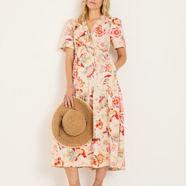 Fatface Women's Cotton Blend Floral Midi V-Neck Dress - 12REG - Cream Mix, Cream Mix