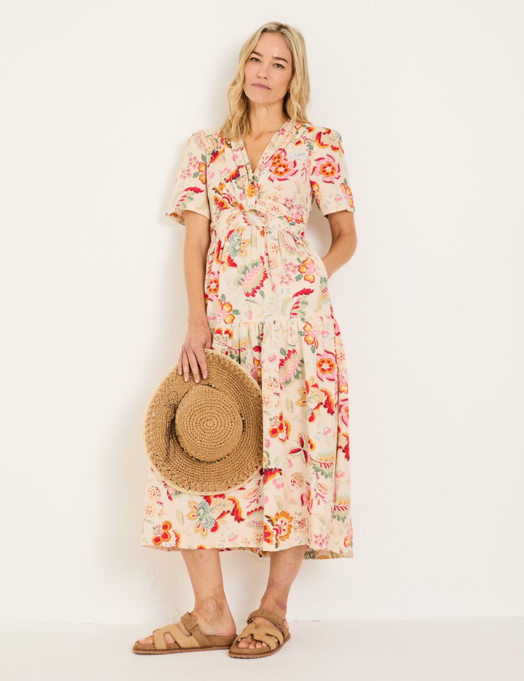Fatface Women's Cotton Blend Floral Midi V-Neck Dress - 12REG - Cream Mix, Cream Mix