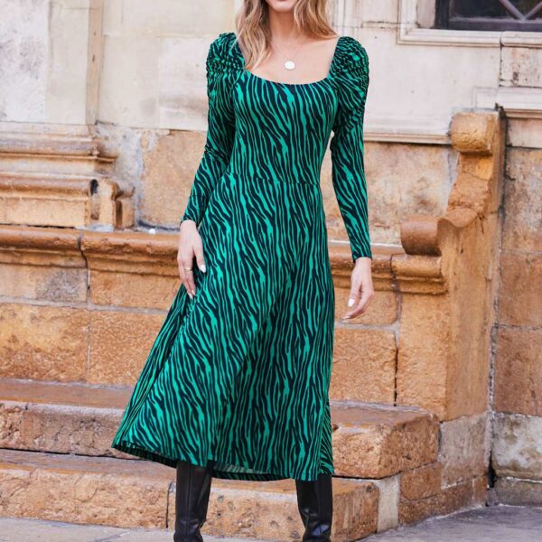 Sosandar Women's Jersey Animal Print Square Neck Midi Dress - 10 - Green Mix, Green Mix