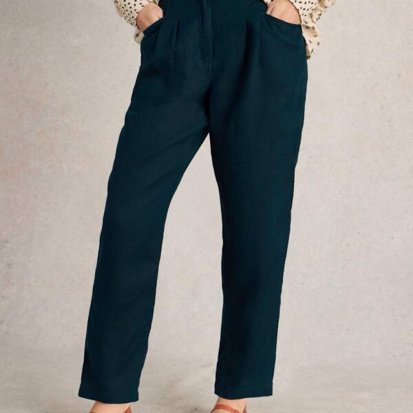 White Stuff Women's Pure Linen Pleat Front Trousers - 12REG - Navy, Natural,White,Navy