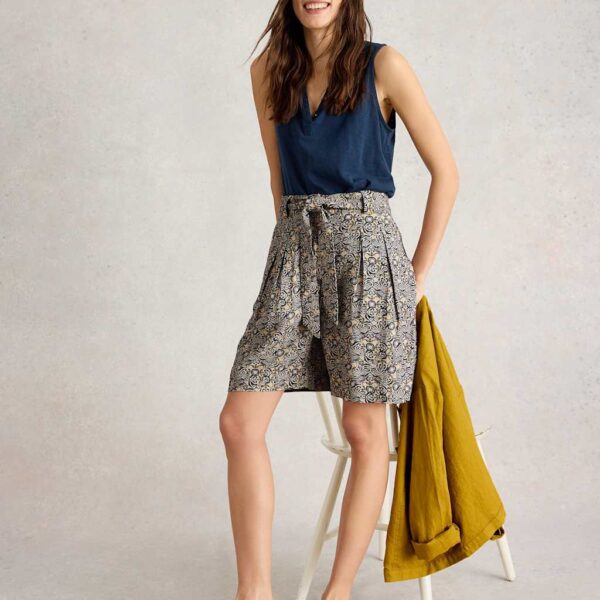 White Stuff Women's Linen Rich Printed Belted Pleat Front Shorts - 14 - Natural Mix, Natural Mix