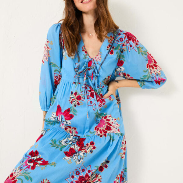 Fatface Women's Pure Cotton Floral Tie Neck Midi Tiered Dress - 12REG - Blue Mix, Blue Mix