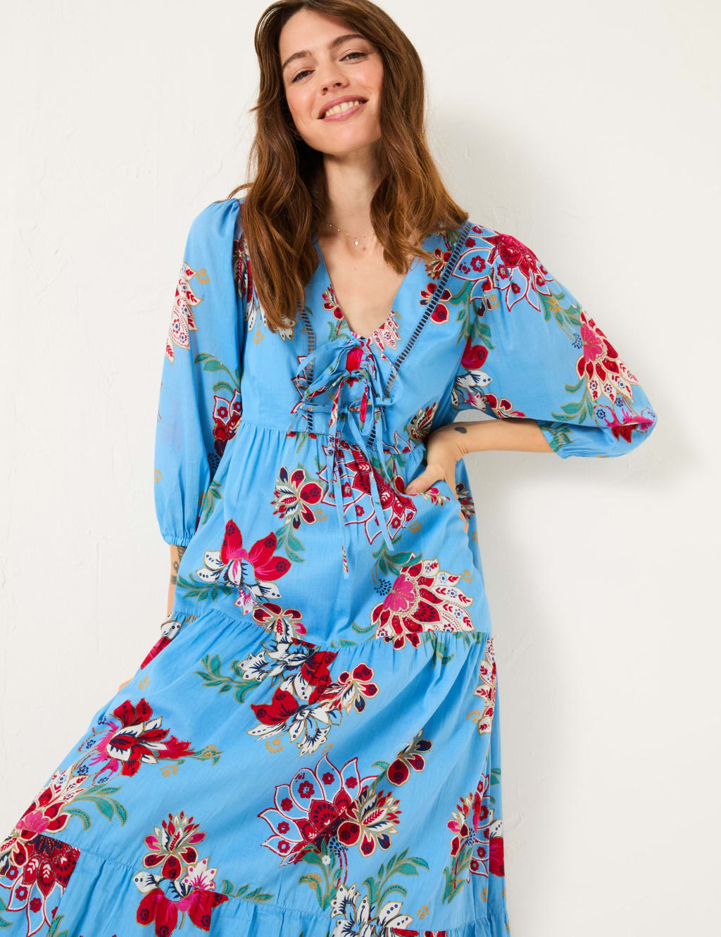 Fatface Women's Pure Cotton Floral Tie Neck Midi Tiered Dress - 12REG - Blue Mix, Blue Mix