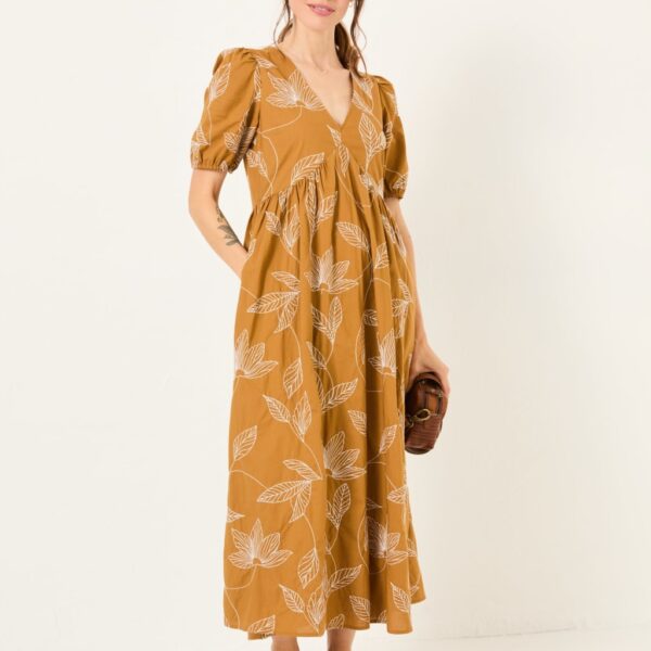 Fatface Women's Pure Cotton Leaf Print V-Neck Midi Dress - 12REG - Yellow Mix, Yellow Mix