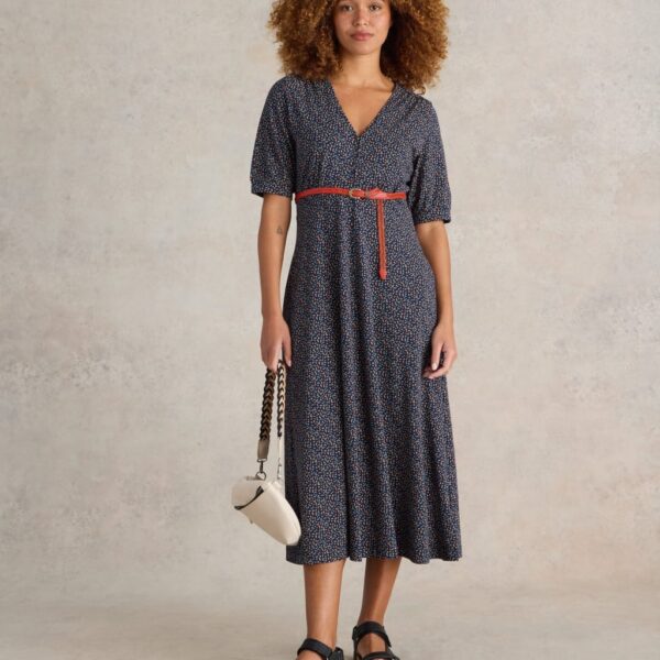 White Stuff Women's Jersey Printed V-Neck Midi Tea Dress - 12REG - Navy Mix, Navy Mix
