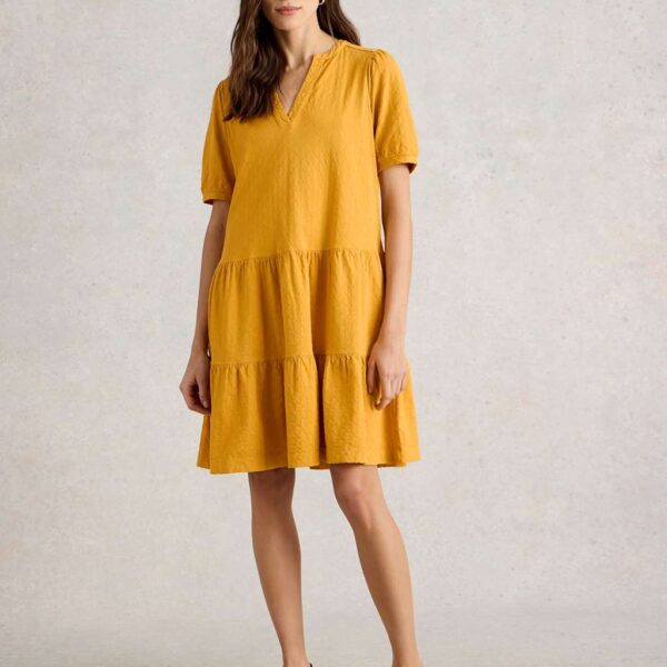 White Stuff Women's Pure Cotton Textured V-Neck Tiered Dress - 10REG - Yellow, Yellow