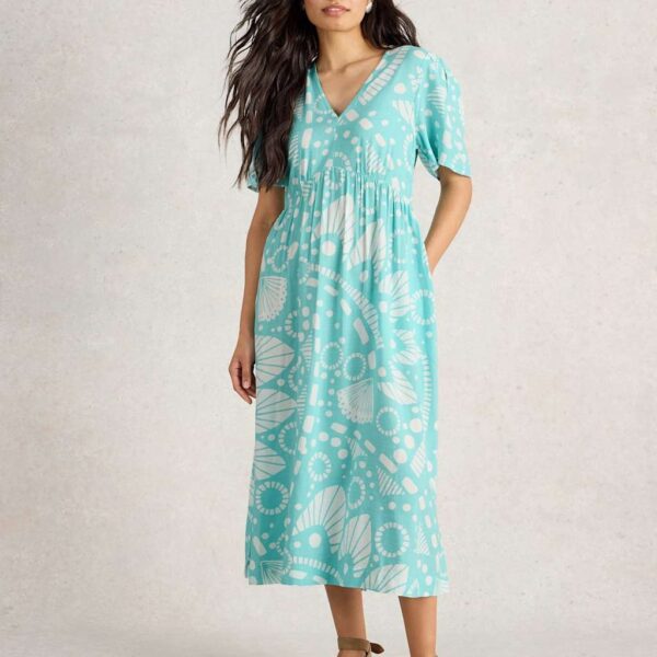 White Stuff Women's Printed V-Neck Midi Tea Dress - 12REG - Blue Mix, Blue Mix