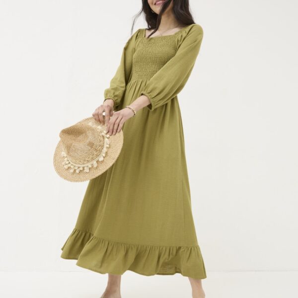 Fatface Women's Square Neck Midi Shirred Dress with Linen - 16REG - Navy, Navy
